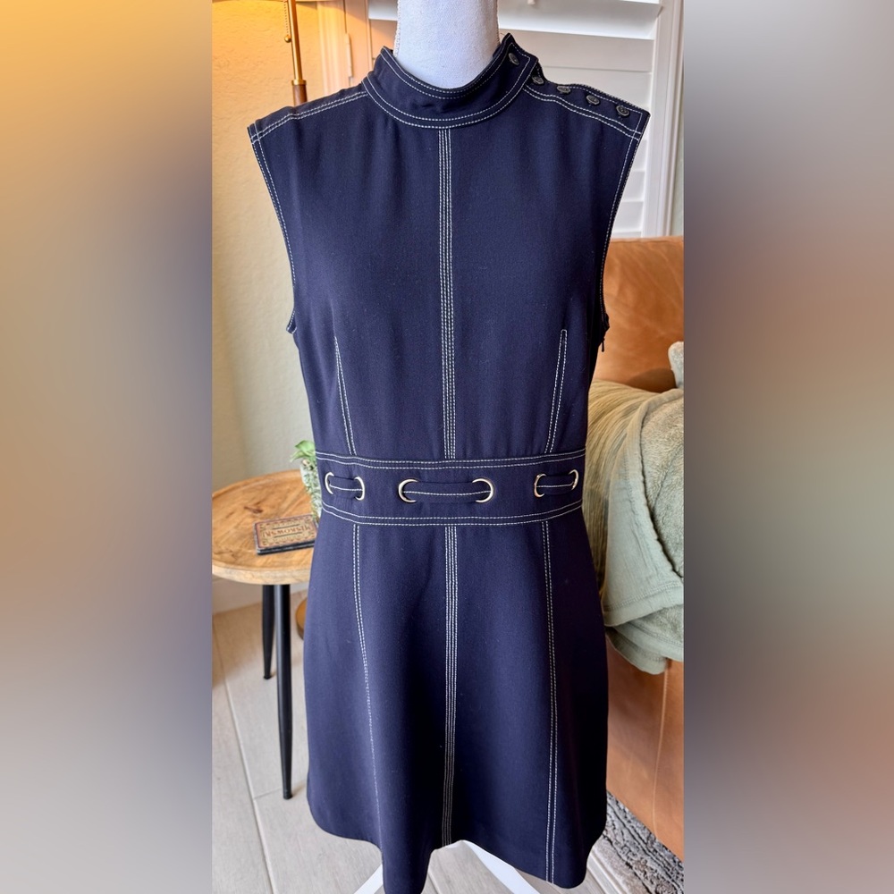 Veronica Beard Nico Navy Sleeveless Belted Dress Size 10 EUC